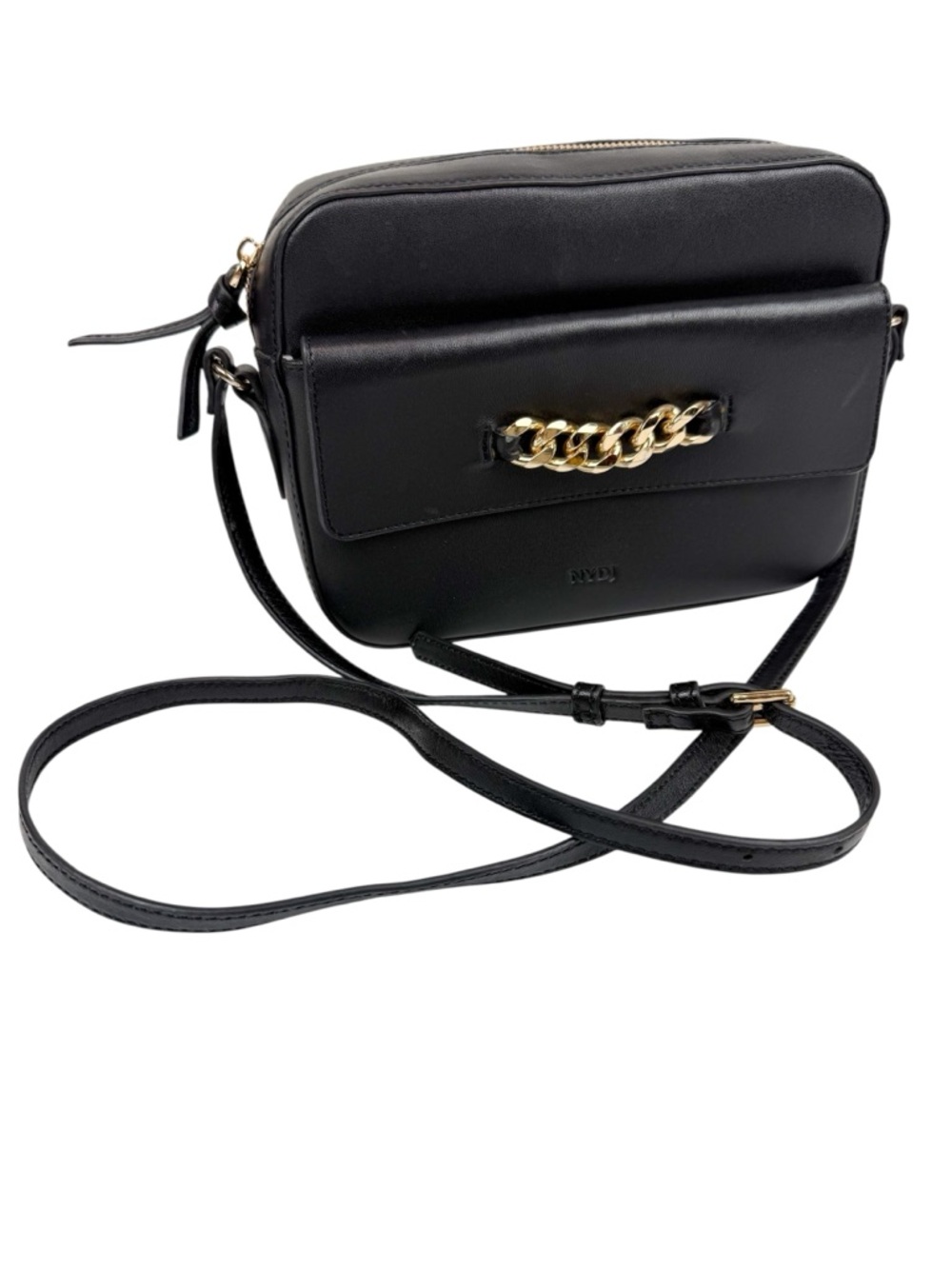 NYDJ Black Leather Flap Crossbody Bag Gold Chain